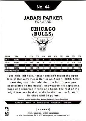 Basketball card back of 2018-19 Hoops Jabari Parker Chicago Bulls NBA Card NM-MT