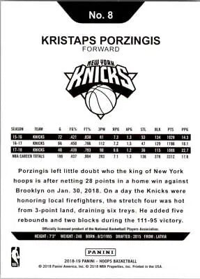 Basketball card back of 2018-19 Hoops #8 Kristaps Porzingis Knicks NBA Basketball Card