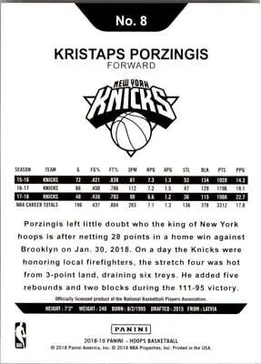 2018-19 Hoops Purple Kristaps Porzingis New York Knicks Basketball Card NM