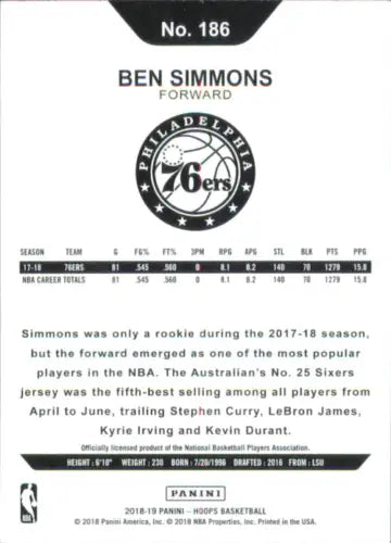 Ben Simmons 2018-19 Hoops Teal Explosion basketball card Philadelphia 76ers NM-MT