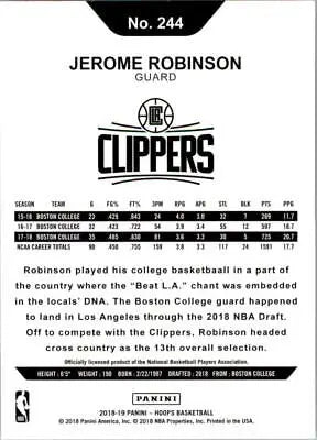 Jerome Robinson Rookie Los Angeles Clippers Card from 2018-19 Hoops Winter #244