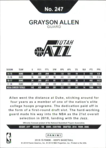 Grayson Allen 2018-19 Hoops Winter #247 Rookie Utah Jazz Basketball Card NM-MT