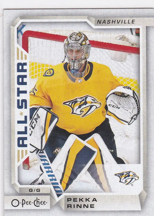 Ice hockey goalie in yellow Nashville Predators jersey featured on trading cards