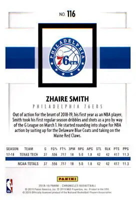 Basketball card back of 2018-19 Panini Chronicles Zhaire Smith Rookie for Panini 76ers