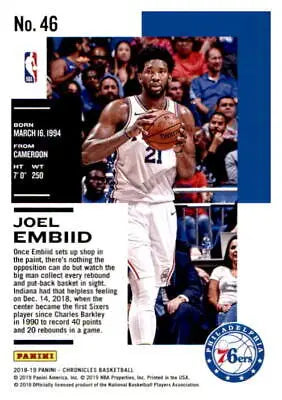 2018-19 Panini Chronicles #46 Joel Embiid Philadelphia 76ers Basketball Card