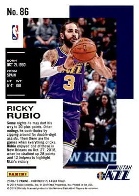 Ricky Rubio 2018-19 Panini Chronicles #86 Utah Jazz Basketball Card NM-MT