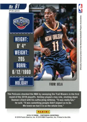 Jrue Holiday basketball card from 2018-19 Panini Contenders Premium New Orleans Pelicans