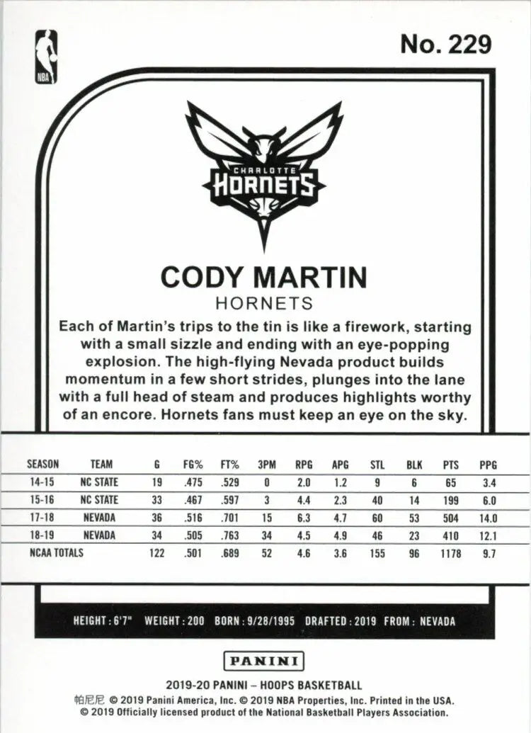 Basketball card back of 2018-19 Panini Hoops Cody Martin Rookie Charlotte Hornets #229