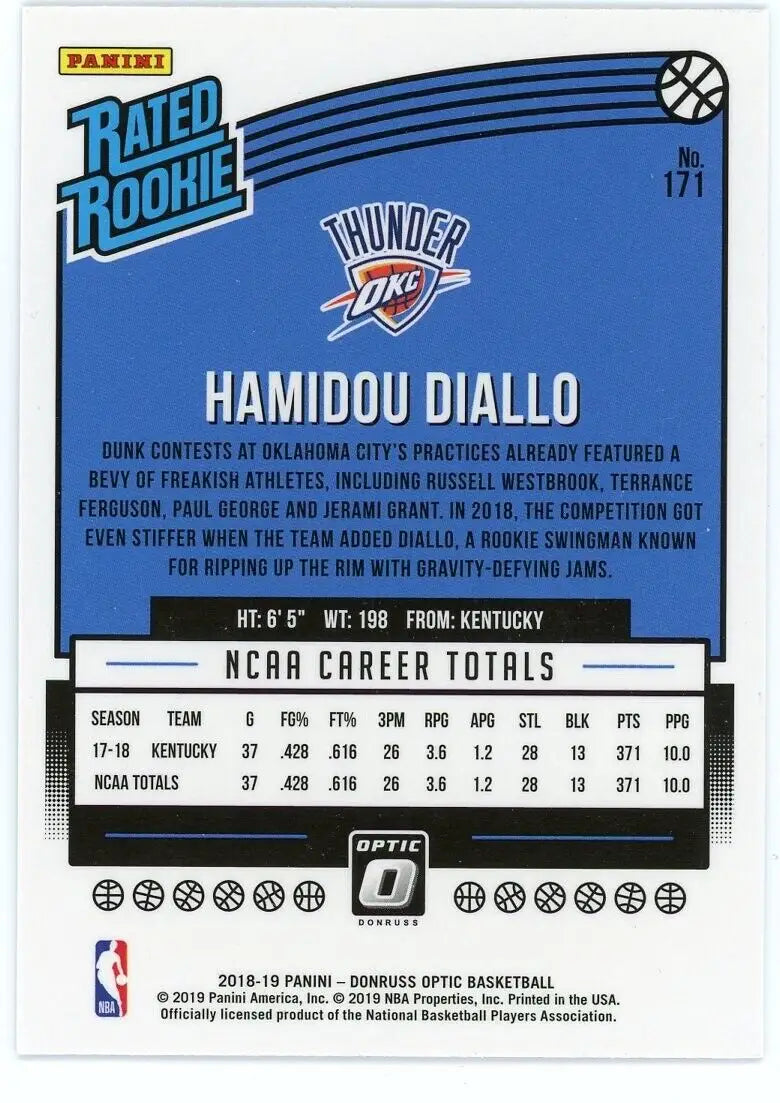 Hamidou Diallo Rookie Card from 2018-19 Panini Optic Oklahoma City Thunder NBA