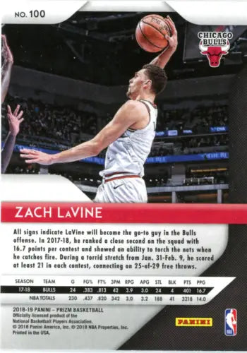 Basketball trading card featuring Zach LaVine from 2018-19 Panini Prizm Chicago Bulls