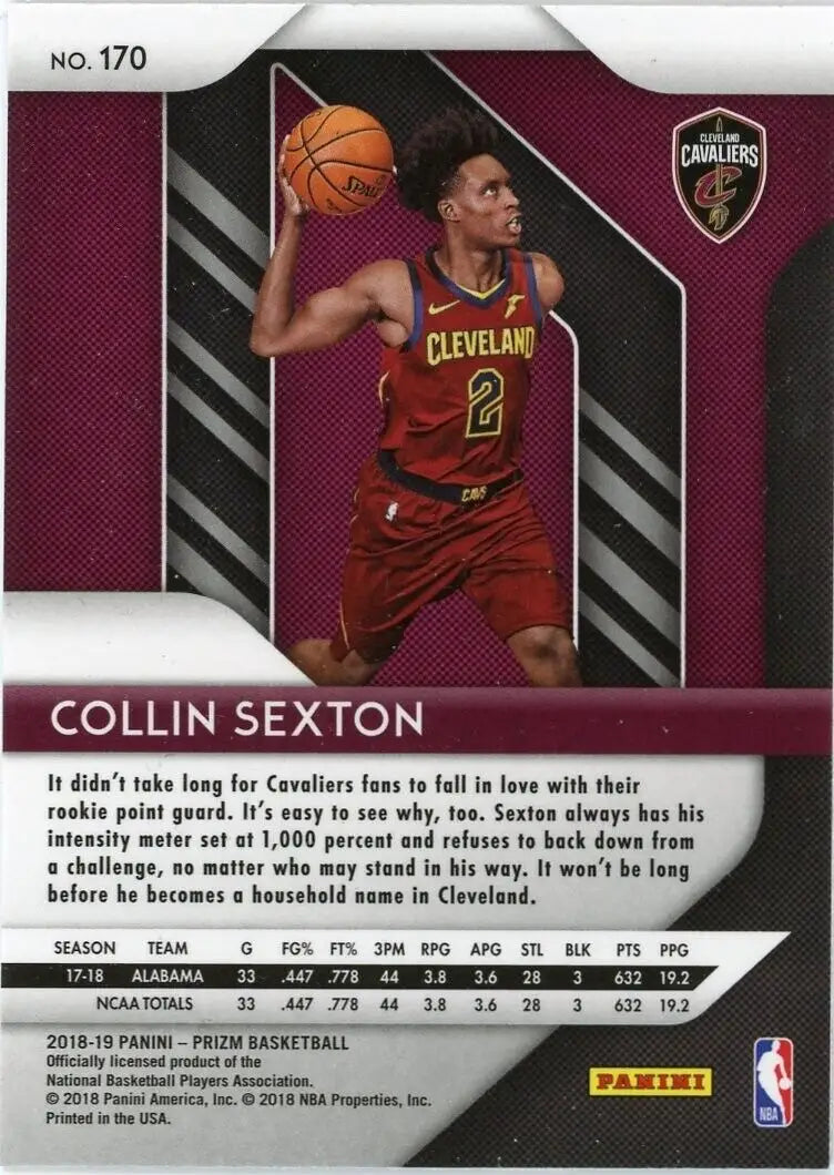 Collin Sexton Rookie basketball card from 2018-19 Panini Prizm Cleveland Cavaliers