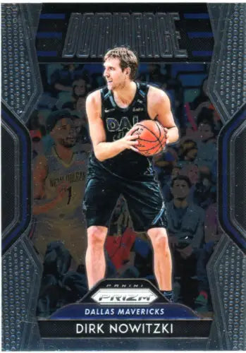 Basketball trading card of Dirk Nowitzki in black uniform from Panini Prizm Dominance