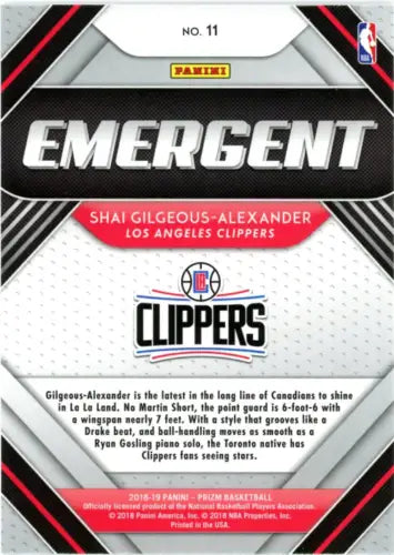 Basketball card featuring 2018-19 Panini Prizm Emergent Shai Gilgeous-Alexander