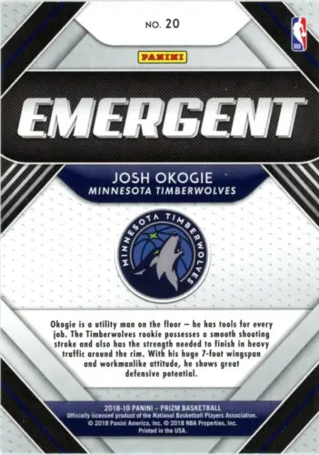 Josh Okogie 2018-19 Panini Prizm Emergent basketball card Minnesota Timberwolves