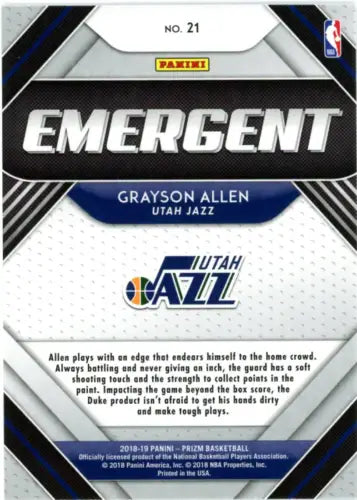 2018-19 Panini Prizm Emergent #21 Grayson Allen Utah Jazz Basketball Card NM-MT