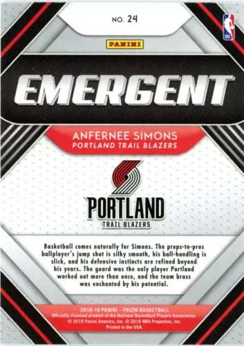 Basketball card back of 2018-19 Panini Prizm Emergent Anfernee Simons NM-MT