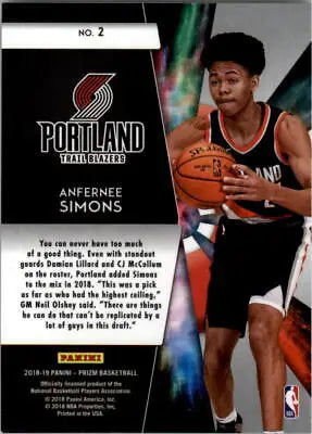 Anfernee Simons basketball card from 2018-19 Panini Prizm Freshman Phenoms series