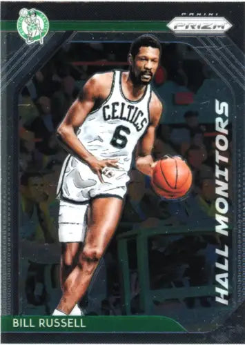 Basketball trading card of Bill Russell dribbling for Panini Prizm Hall Monitors