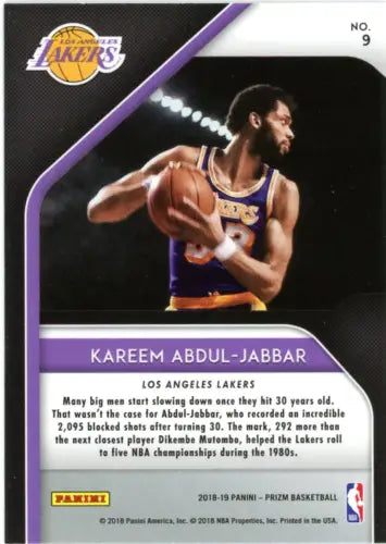 Kareem Abdul-Jabbar basketball card from 2018-19 Panini Prizm Hall Monitors set