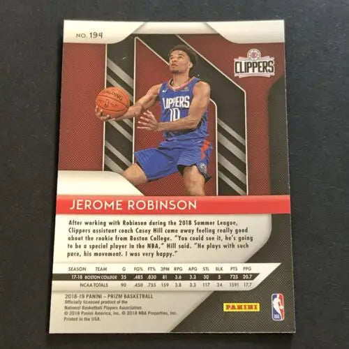 Jerome Robinson Rookie Basketball Card from 2018-19 Panini Prizm Los Angeles Clippers #194