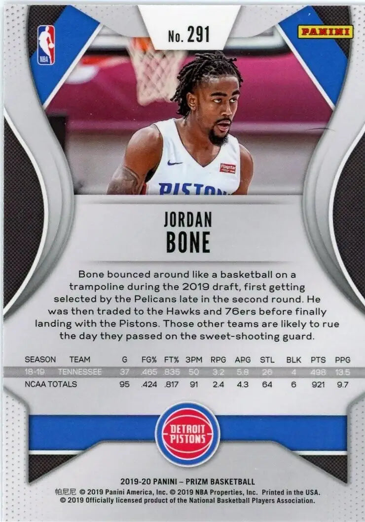 Basketball card back of 2018-19 Panini Prizm Jordan Bone Rookie Detroit Pistons #291