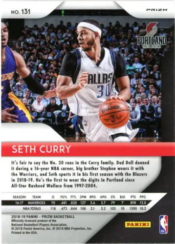 Seth Curry 2018-19 Panini Prizm Pink Ice basketball card from Portland Trail Blazers