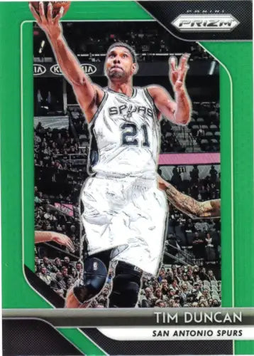 Green-bordered Panini Prizm trading card of Tim Duncan in Spurs jersey #21