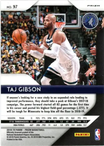 Taj Gibson basketball card from 2018-19 Panini Prizm Purple Wave Minnesota Timberwolves