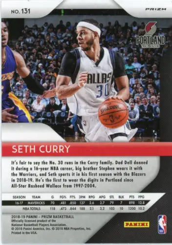 Seth Curry basketball card from 2018-19 Panini Prizm Trail Blazers NBA NM-MT