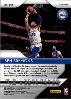 Ben Simmons basketball card from 2018-19 Panini Prizm Red White and Blue series