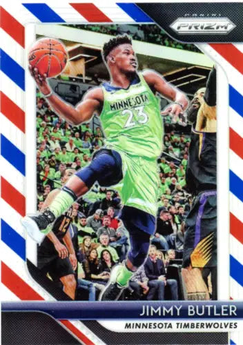 Basketball player in neon green Timberwolves jersey number 23 showing Panini Prizm Jimmy Butler