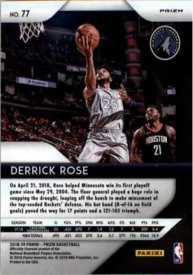 2018-19 Panini Prizm Silver #77 Derrick Rose Minnesota Timberwolves Basketball Card