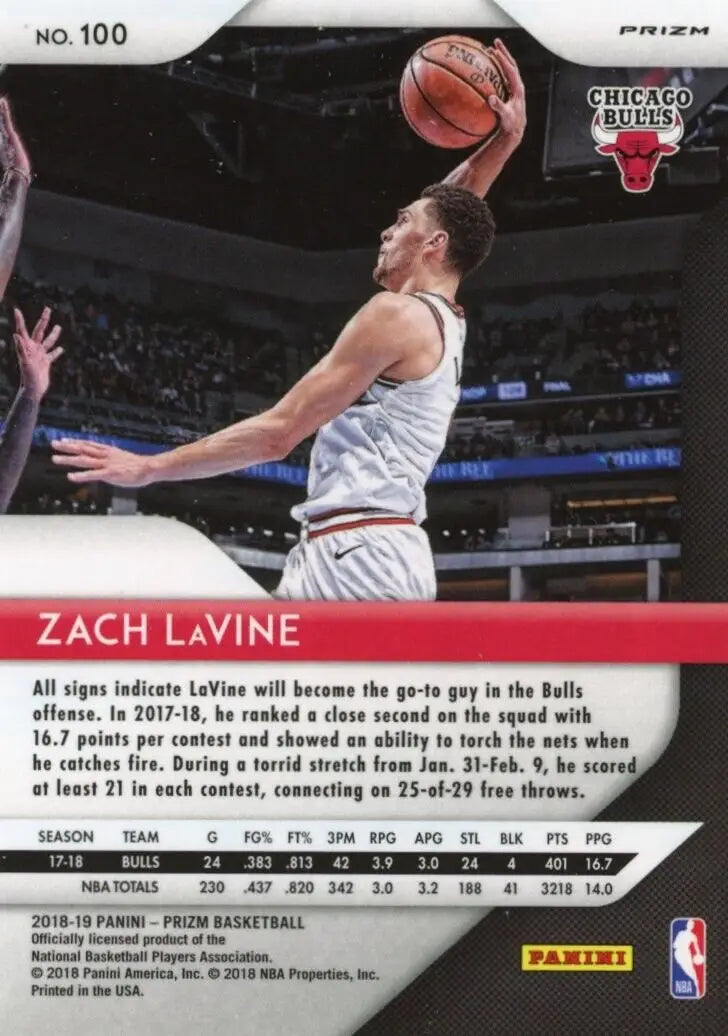 Zach LaVine Silver Basketball Card from 2018-19 Panini Prizm NBA Chicago Bulls #100