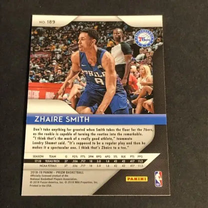 Zhaire Smith rookie card from 2018-19 Panini Prizm Philadelphia 76ers NBA #189