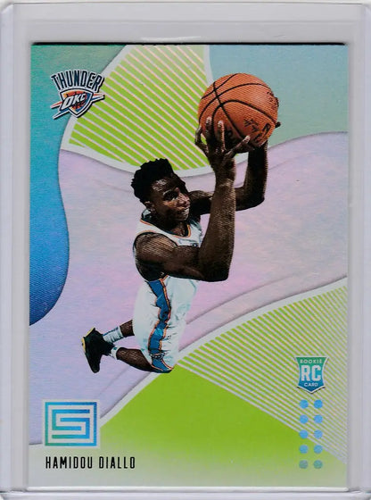 Basketball trading card of Hamidou Diallo from Oklahoma City Thunder in mid-jump