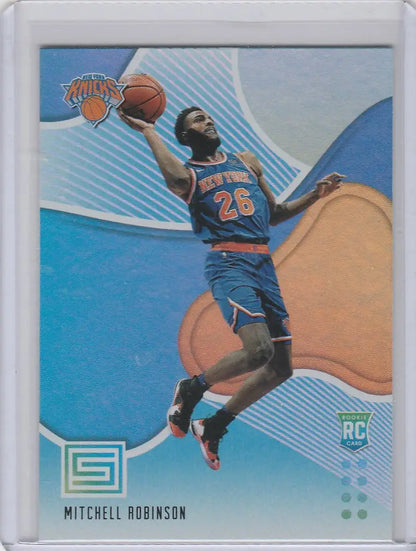 Basketball trading card of Mitchell Robinson dunking for the New York Knicks Panini Status