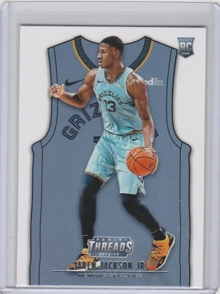 Basketball trading card of Jaren Jackson Jr Memphis in teal uniform dribbling ball, Panini Threads