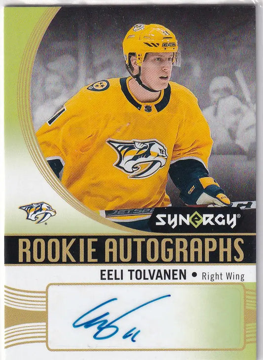 Hockey trading card of Eeli Tolvanen Nashville Predators with autograph from 2018-19 Synergy