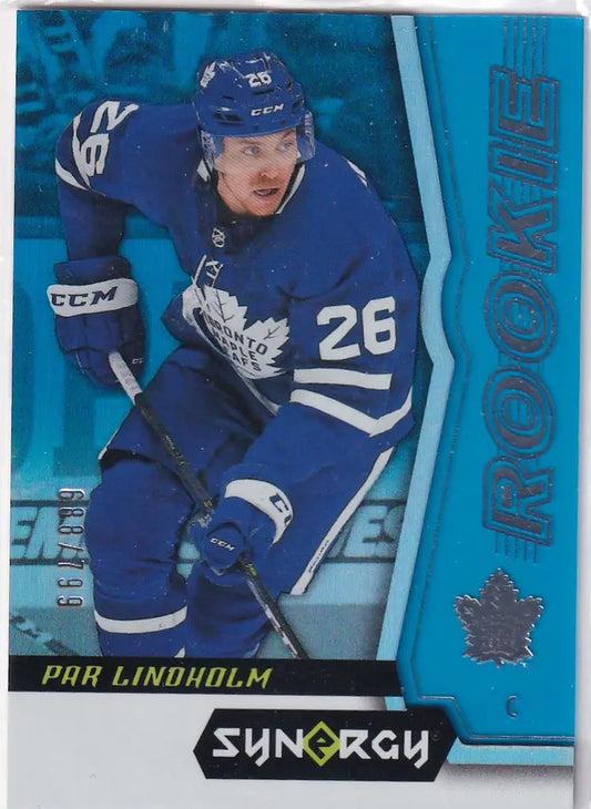 Hockey trading card of Par Lindholm Toronto Maple Leafs Synergy Blue #47 jersey 26