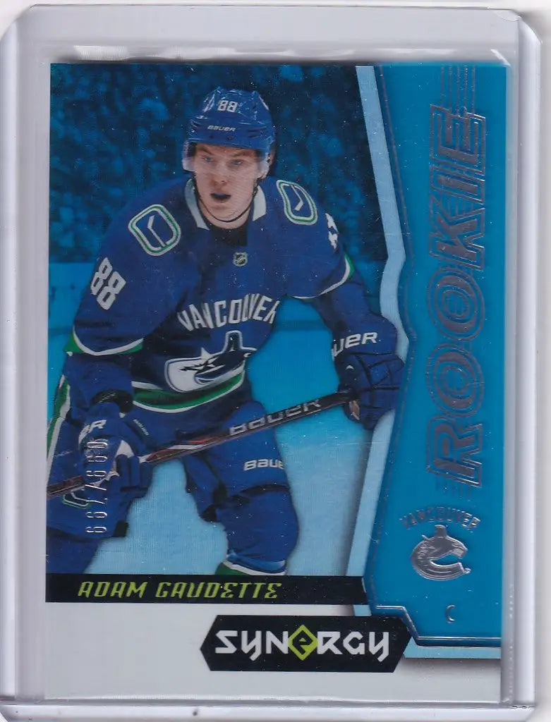 Hockey trading card of Adam Gaudette in Synergy Blue for Vancouver Canucks