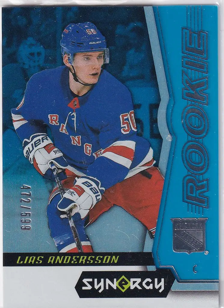 Hockey trading card of Blue Lias Anderson in 2018-19 Synergy Blue New York Rangers jersey