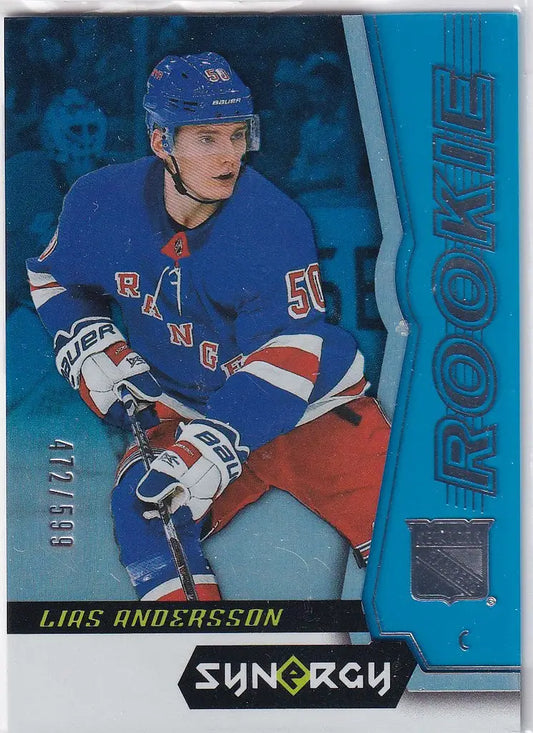 Hockey trading card of Blue Lias Anderson in 2018-19 Synergy Blue New York Rangers jersey