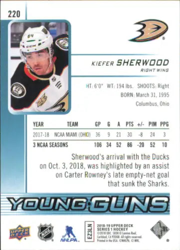 Hockey trading card of Kiefer Sherwood from 2018-19 Upper Deck Young Guns series