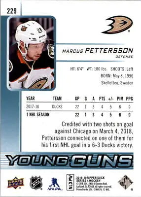 2018-19 Upper Deck #229 Marcus Pettersson Young Guns Rookie Card Anaheim Ducks NM-MT