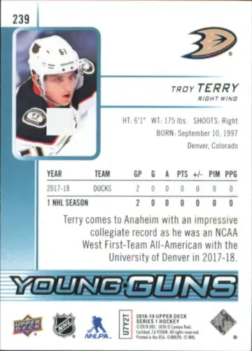 Troy Terry 2018-19 Upper Deck Young Guns Rookie card Anaheim Ducks NHL NM-MT