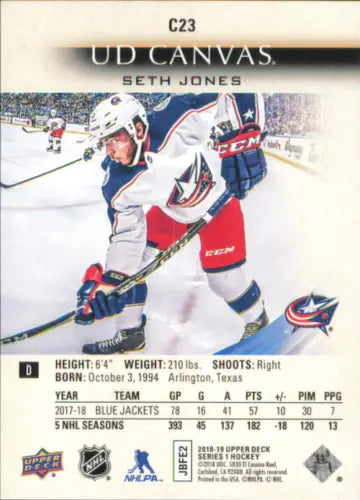 Hockey card of Seth Jones from 2018-19 Upper Deck Canvas Columbus Blue Jackets