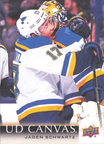 Hockey player in St. Louis Blues jersey celebrating in Upper Deck Canvas card