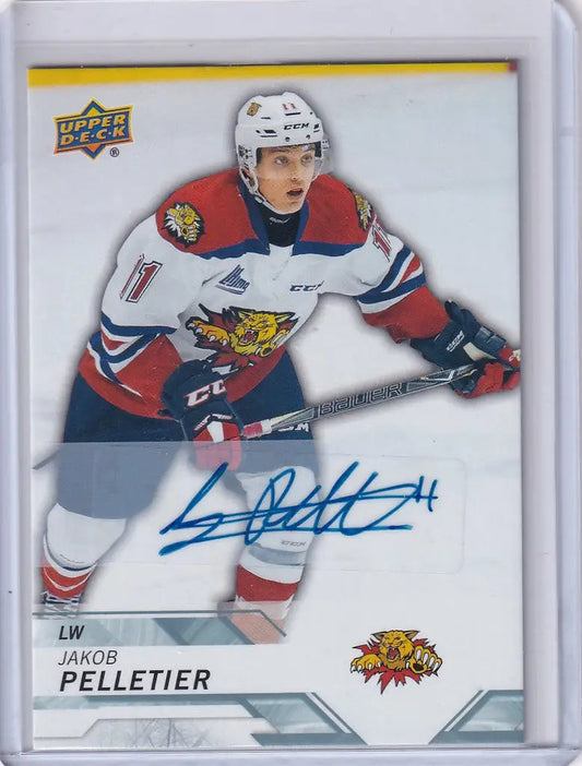 Hockey trading card of Jakob Pelletier Moncton Wildcats with autograph in jersey