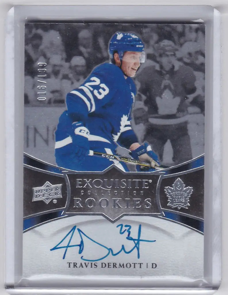 Hockey trading card of Travis Dermott, 2018-19 Upper Deck Exquisite Rookie Auto