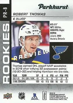 Hockey card of Robert Thomas from Upper Deck Parkhurst Rookies for St. Louis Blues